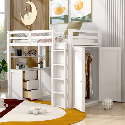 Twin Size Loft Bed with Drawers - White - primary color shot