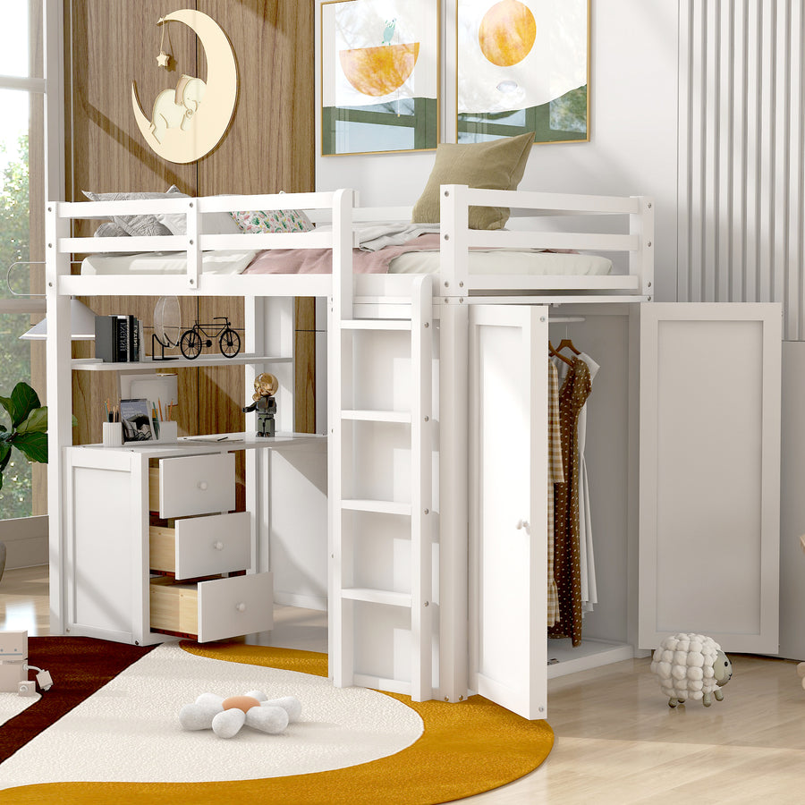 Twin Size Loft Bed with Drawers - White - primary color shot