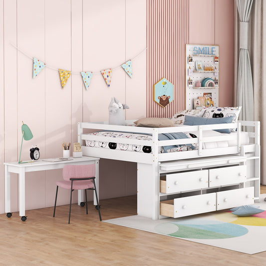 Full Size Loft Bed with Retractable Writing Desk and 4 Drawers - White - primary color shot