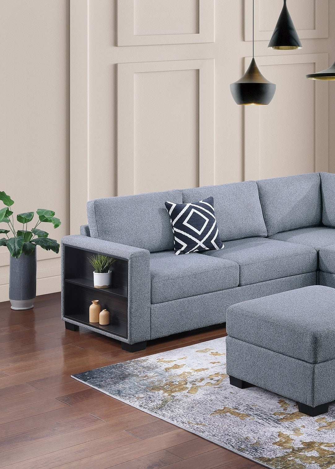Contemporary Functional Sectional Sofa 4pc Set Gray Boucle Couch Loveseat w Built-in Shelfs Wedge, Ottoman Living Room Furniture L-Shaped Design Couch - detail view 6