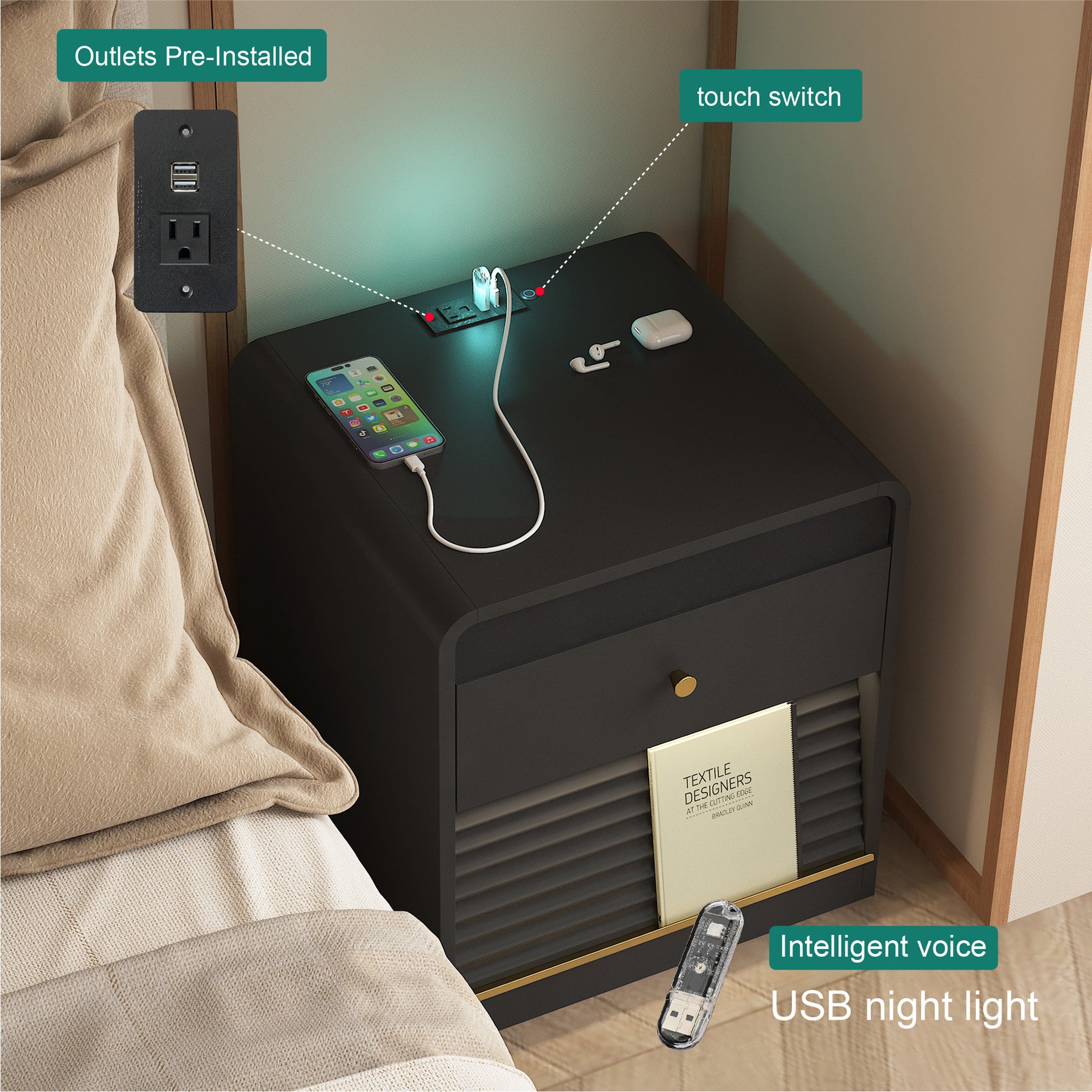 Nightstand with Charging Station - Black - detail view 2