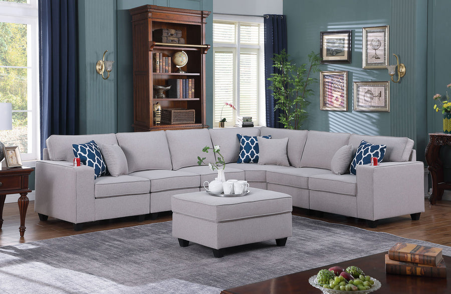 Cooper 125' Light Gray Linen 7Pc Reversible L-Shape Sectional Sofa with Ottoman and Cupholder - primary image