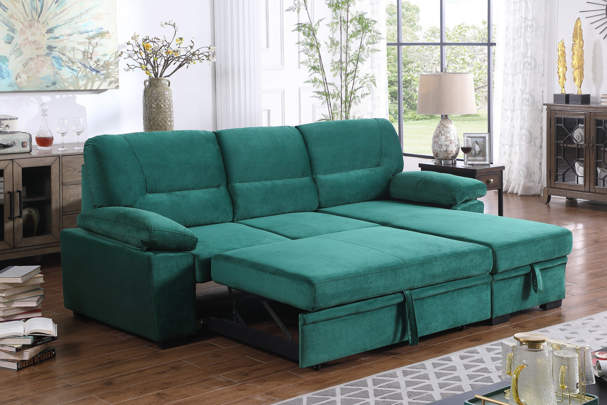 Kipling 97.5' Green Velvet Fabric Reversible Sleeper Sectional Sofa Chaise - primary color shot