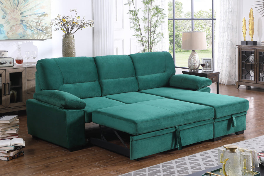 Kipling 97.5' Green Velvet Fabric Reversible Sleeper Sectional Sofa Chaise - primary color shot