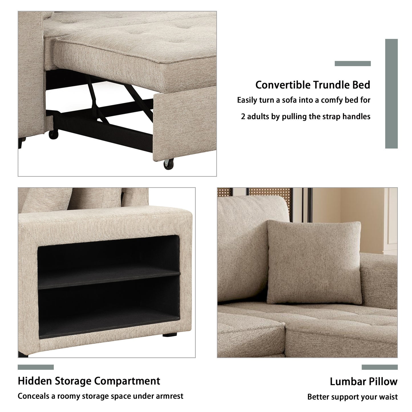 Modern L-Shape 3 Seat Reversible Sectional with Pull Out Sleeper - Cream - detail view 6