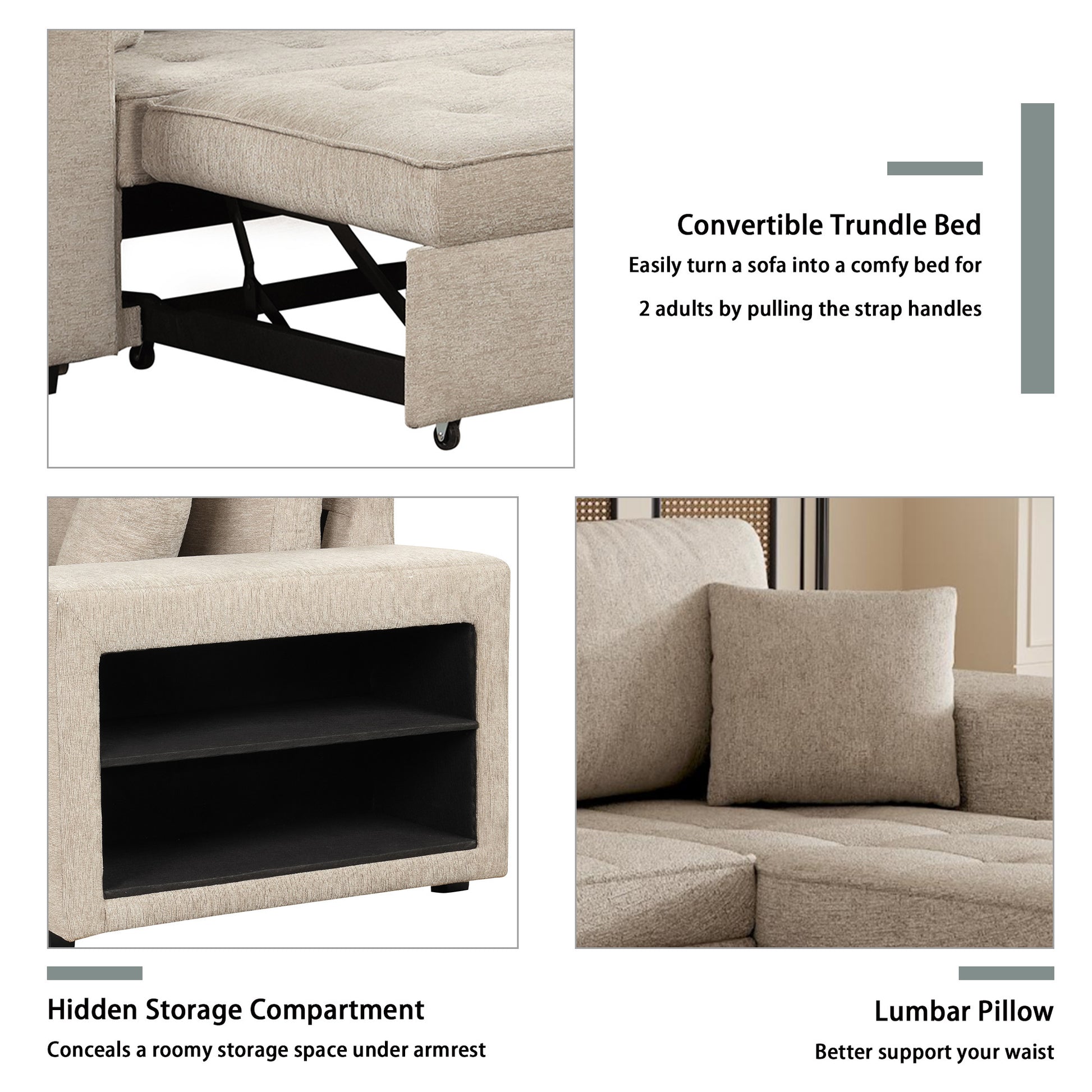 Modern L-Shape 3 Seat Reversible Sectional with Pull Out Sleeper - Cream - detail view 6