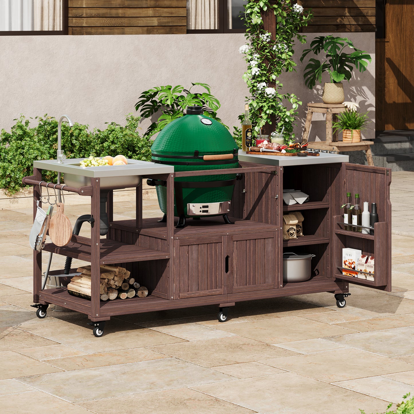 K&k 75.4' Outdoor Kitchen Island with Sink - Brown - primary color shot
