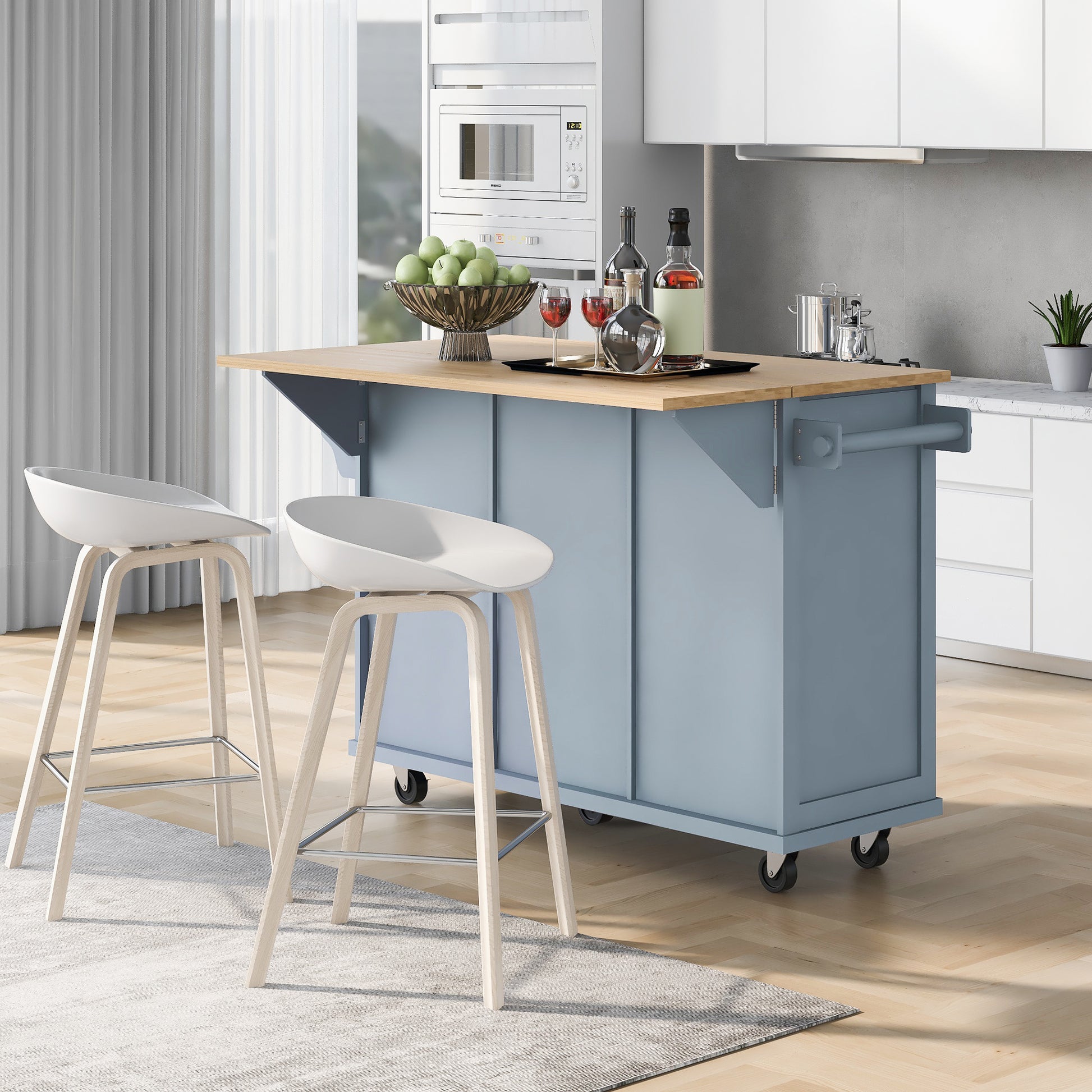 Kitchen Cart with Rubber Wood Drop-Leaf Countertop - Blue - detail view 3