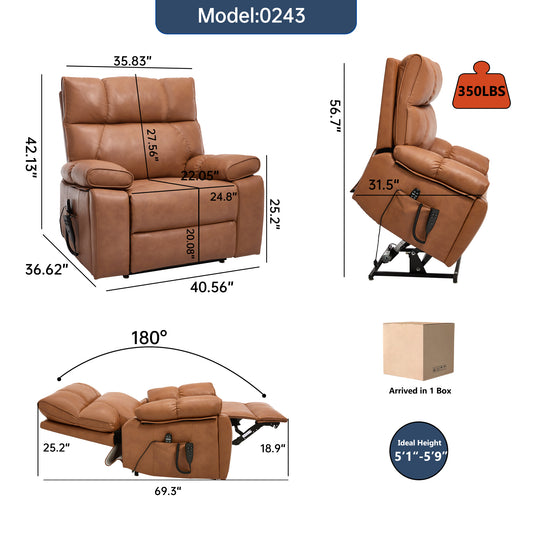 Orange Leatheraire Heat Massage Dual Motor Infinite Position Up to 350 LBS Large Electric Power Lift Recliners with Hidden Cup Holders - detail view 2