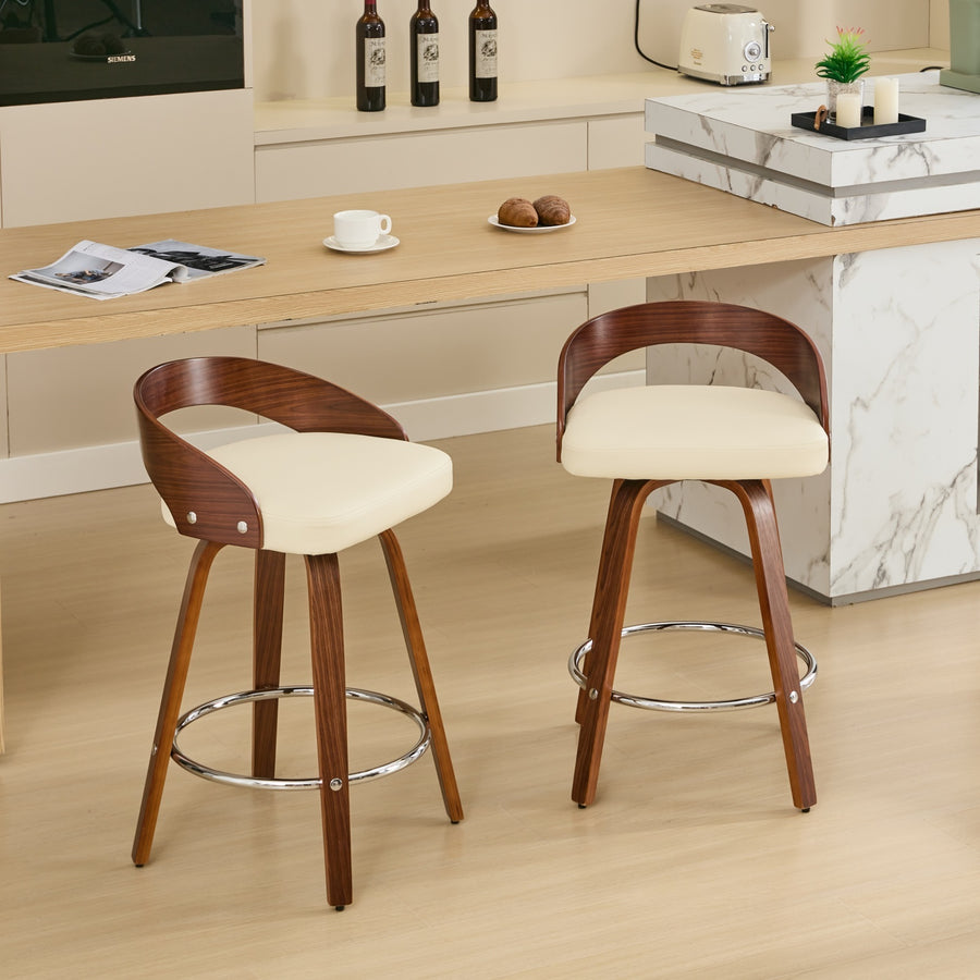 Beige PU Leather Bar Stool with Wood Legs (Set of 2)