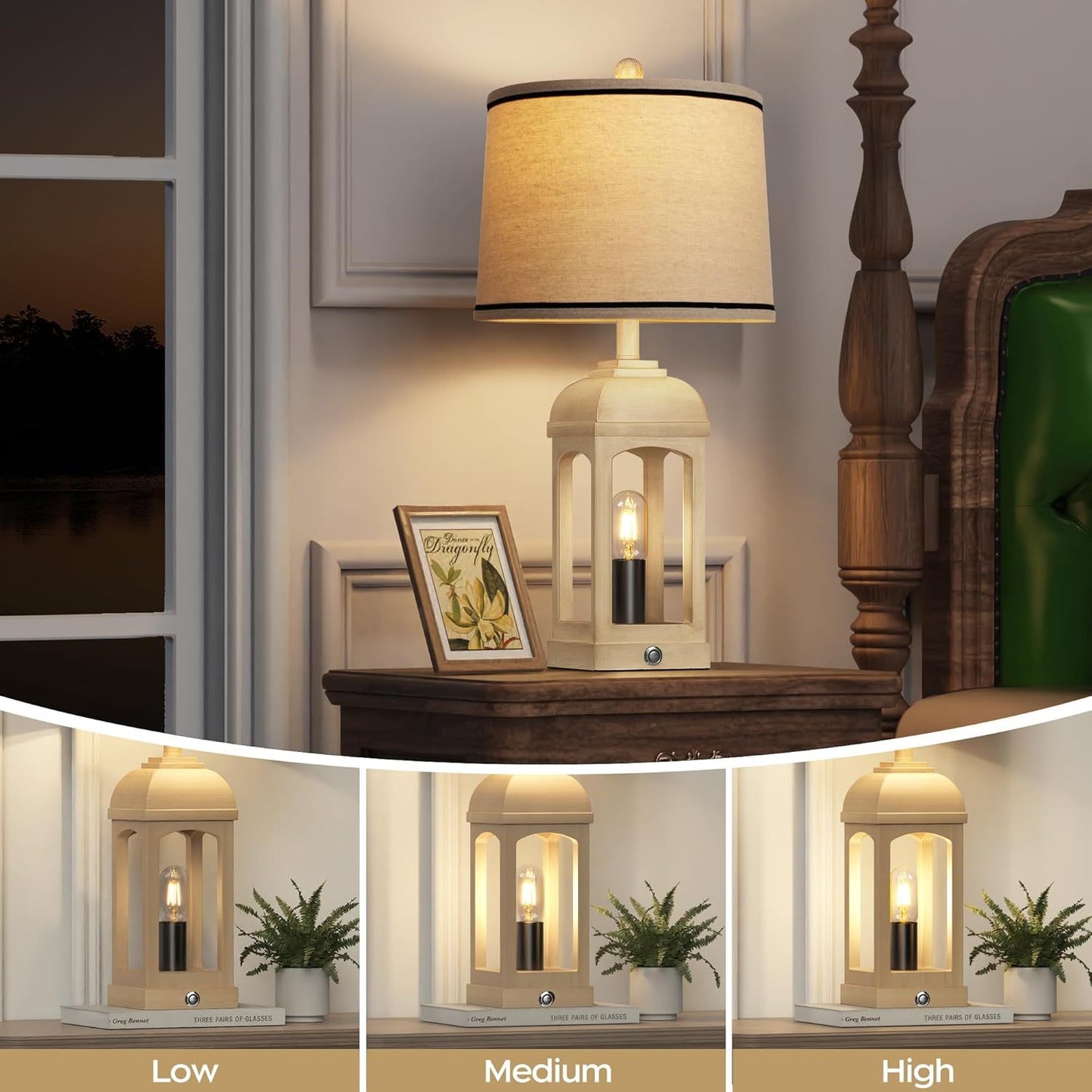 Set of 2 Beige Farmhouse Table Lamps with 3-Way Dim