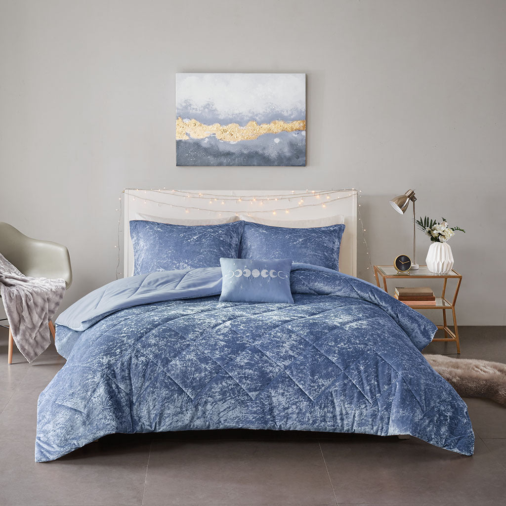 Blue Velvet Comforter Set with Throw Pillow