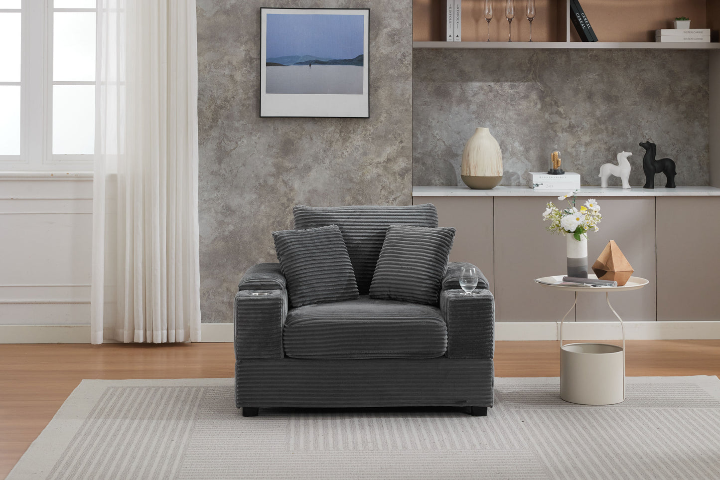[video/new]corduroy Upholstered Chaise Lounge Sofa with Handrail Storage - Grey - detail view 4
