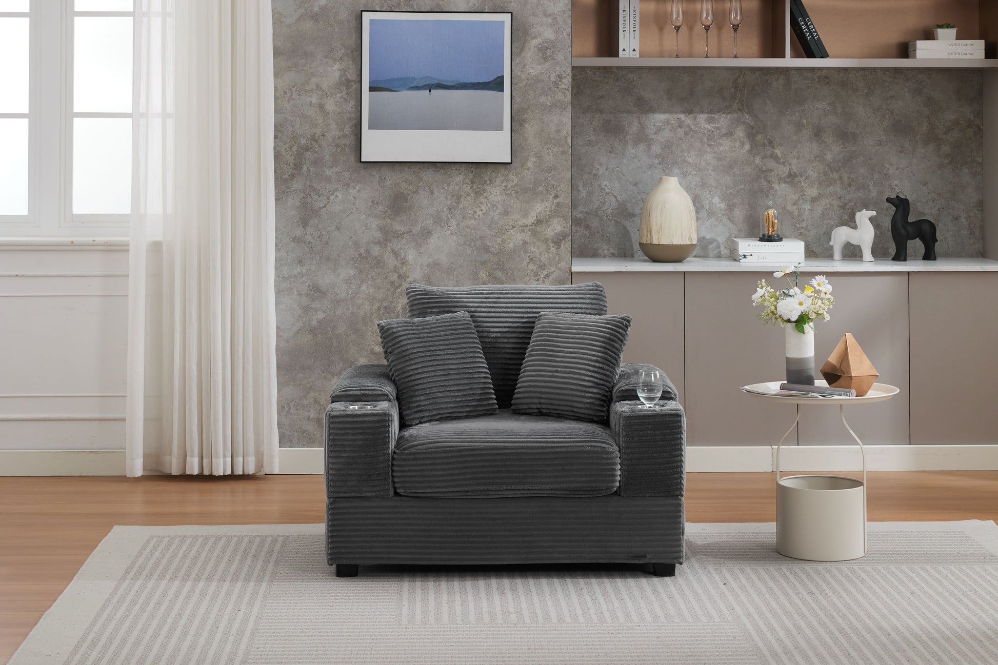 [video/new]corduroy Upholstered Chaise Lounge Sofa with Handrail Storage - Grey - detail view 4