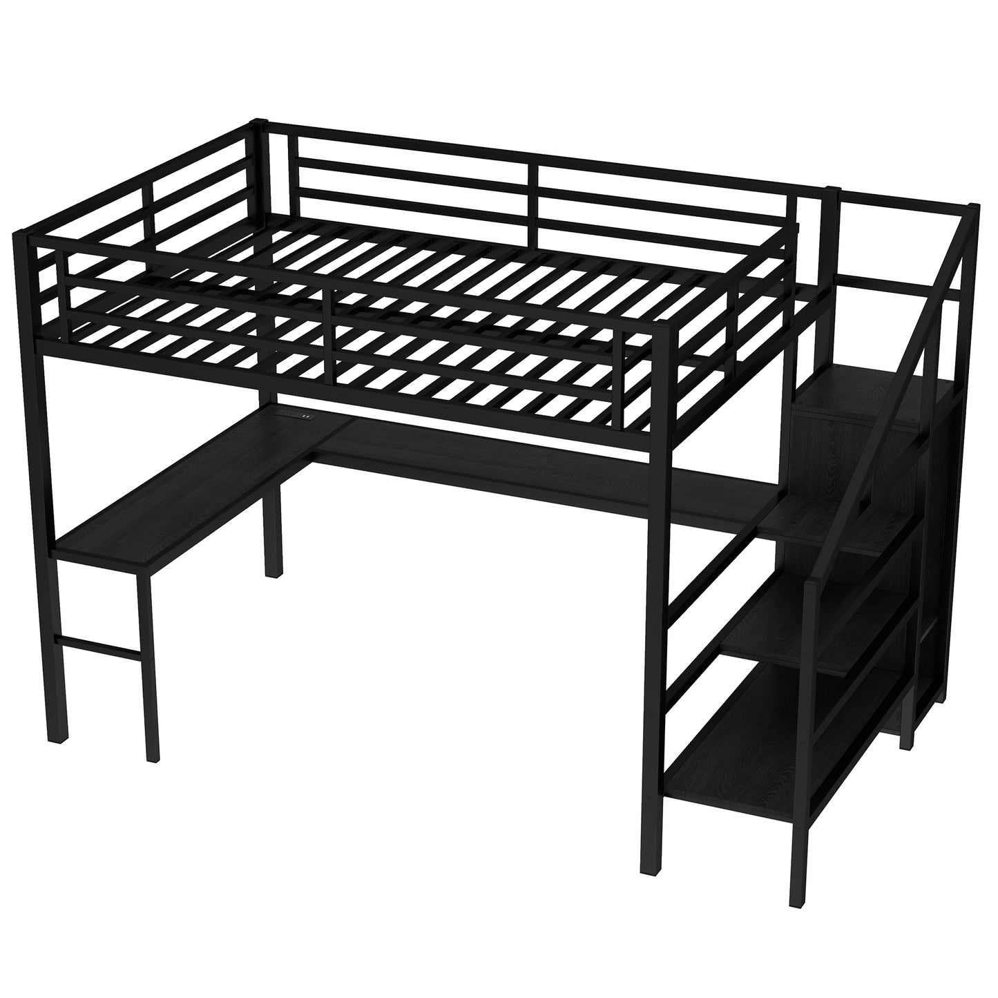 Queen Size Loft Bed with L-Shaped Desk and USB - Black - detail view 7