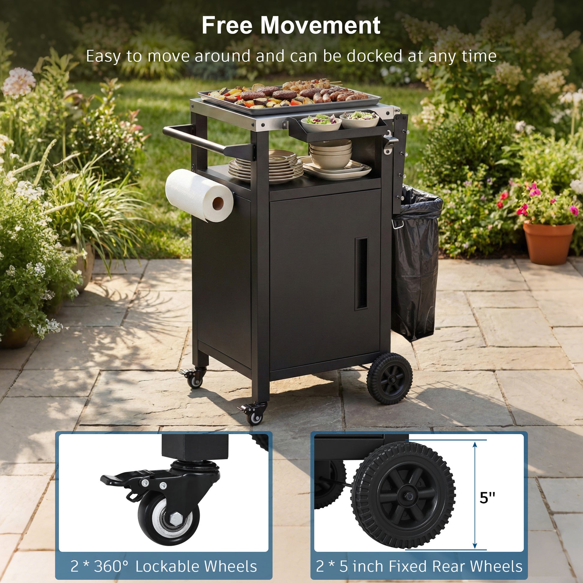 K&k 33.9' Outdoor Grill Cart with Drop Leaf - Black - detail view 6