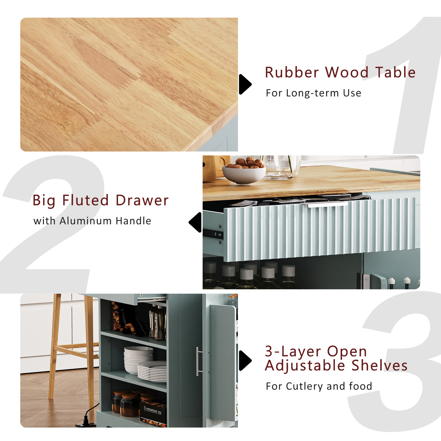 K&k Fluted Kitchen Island with Trash Can Storage Cabinet - Grey & Blue - detail view 7