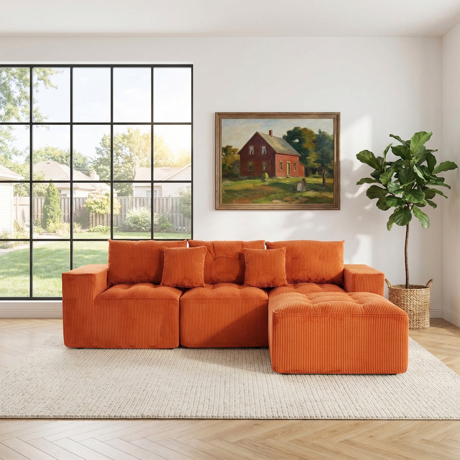 101' L-Shaped Modular Compression Sofa, 3-Seater Comfortable Cloud Sofa, Corduroy Fabric, with Movable Footrest, Free DIY Combination, Suitable for Living Room - primary color shot