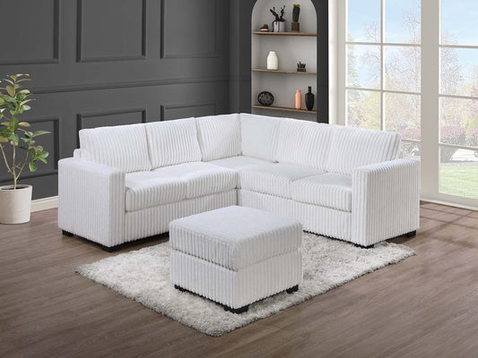 Beautiful 4-Piece Sectional Set W/ Ottoman Milk Color One Arm Loveseat Corner Wedge Corduroy Upholstered Plush Couch - primary color shot