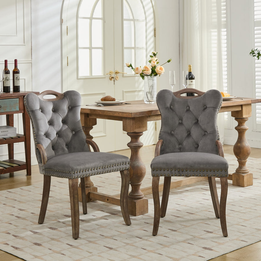 Gray Velvet Tufted Dining Chairs with Wood Legs (Set of 2)