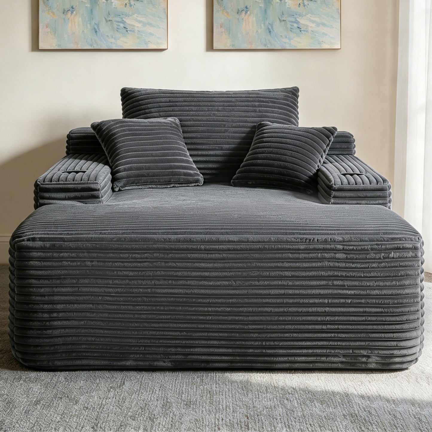 NEW Convertible Chaise Lounge Chair Plush with Wide Armrest & Throw Pillows - Grey - detail view 2