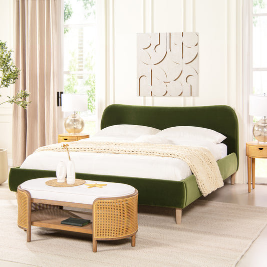 Ardena Curved Boucle Upholstered King Platform Bed  – Olive Green
