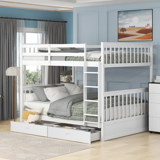 Full-Over-Full Bunk Bed with Ladders and Two Storage Drawers White