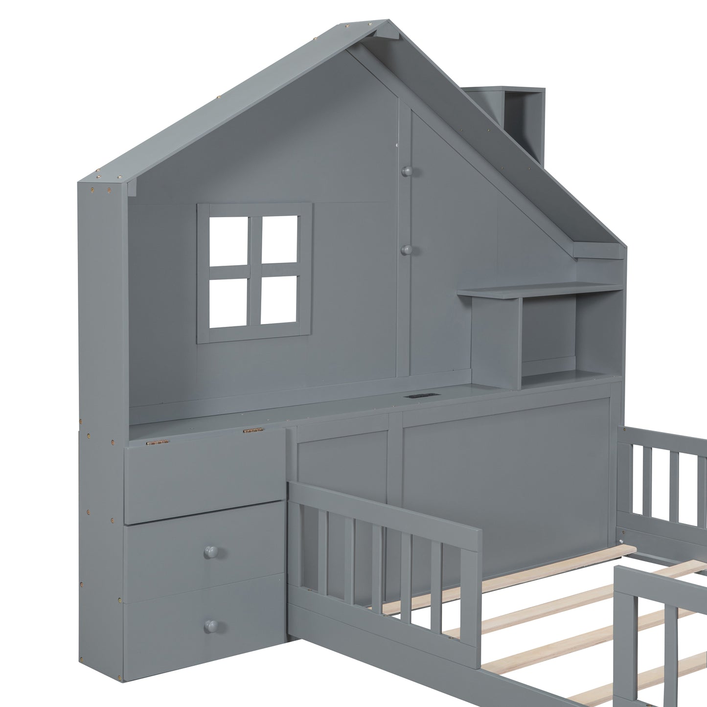 Marigold Full Size House Bed with Window & Bedside Drawers, Gray