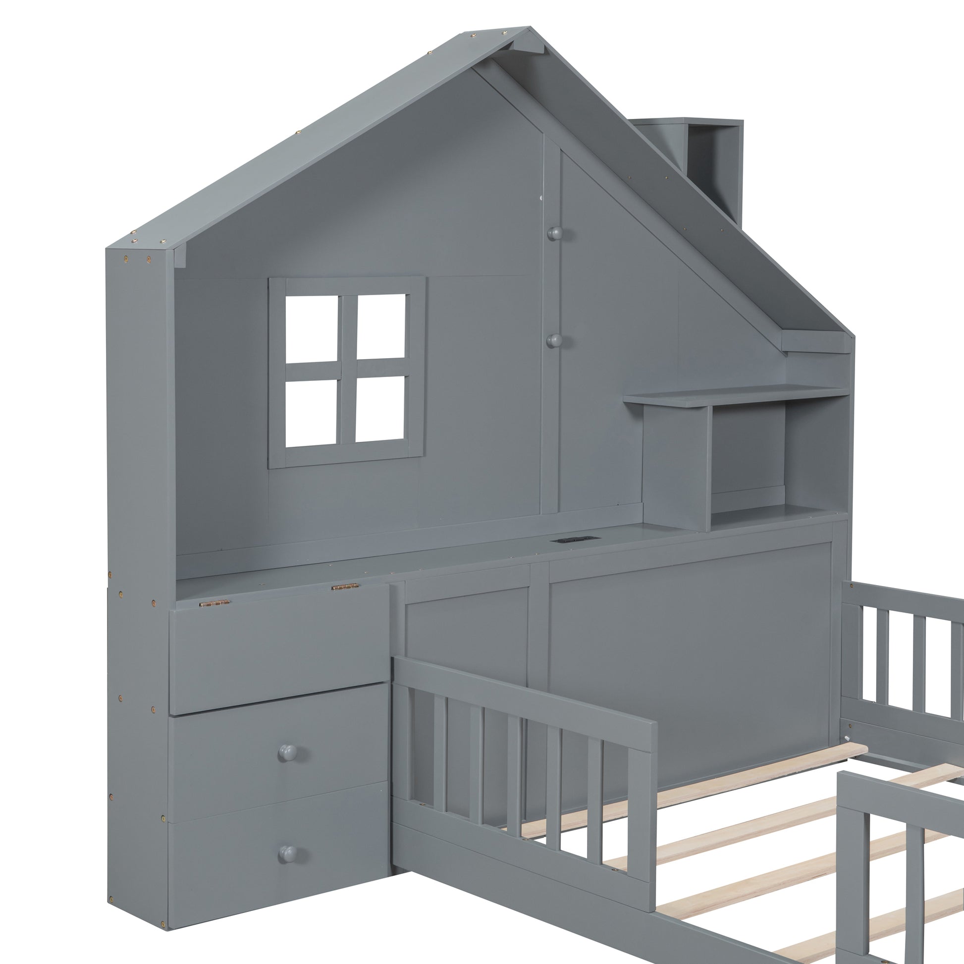 Marigold Full Size House Bed with Window & Bedside Drawers, Gray