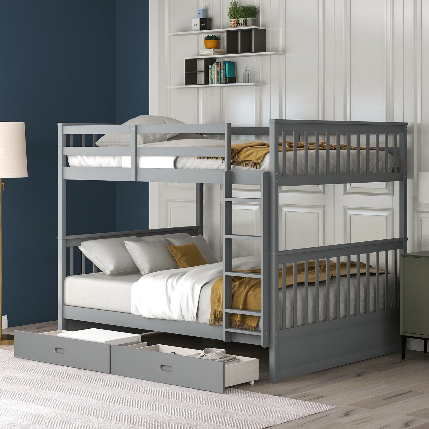 Full-Over-Full Bunk Bed with Ladders and Two Storage Drawers Gray