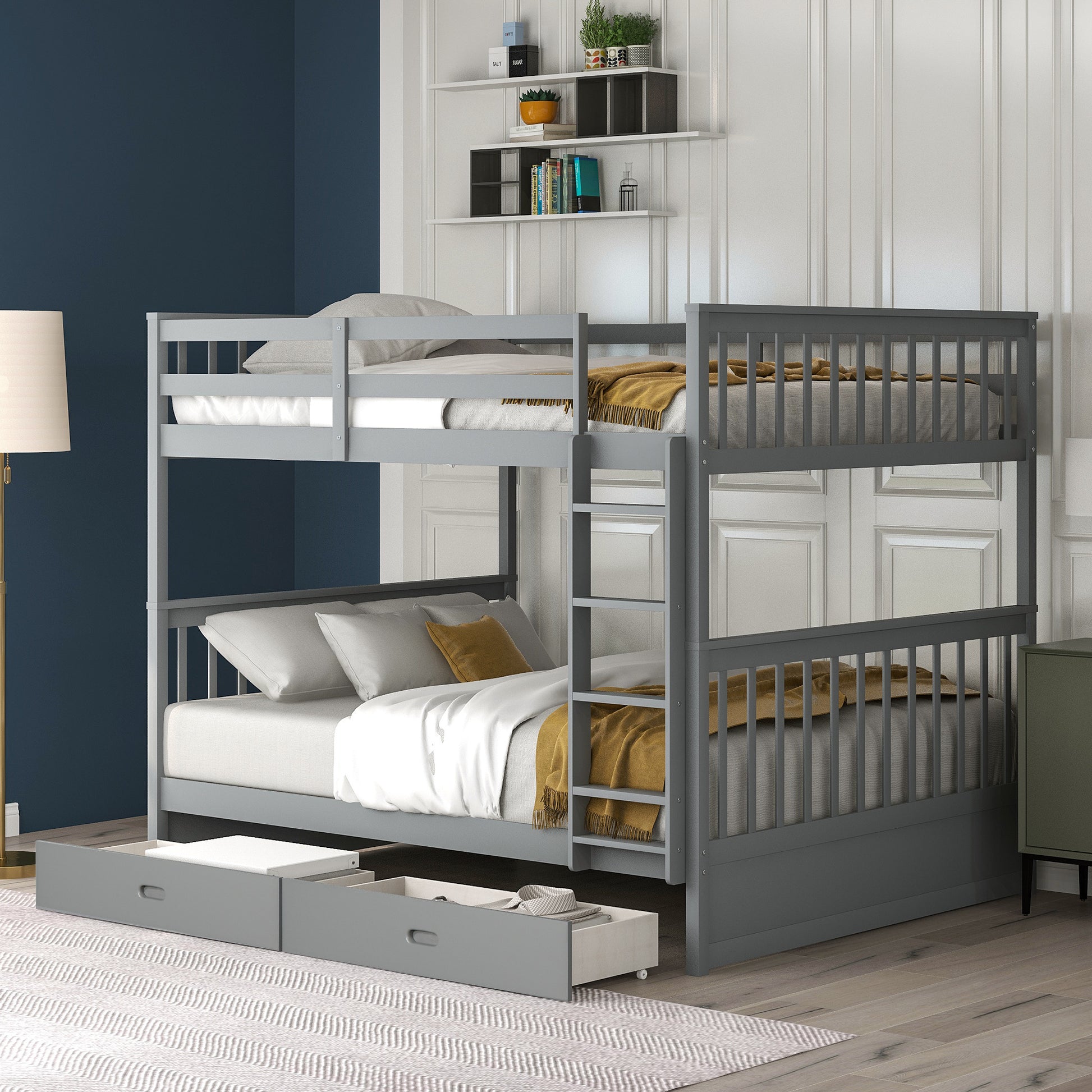 Full-Over-Full Bunk Bed with Ladders and Two Storage Drawers Gray