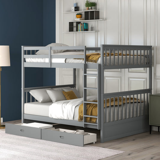 Full-Over-Full Bunk Bed with Ladders and Two Storage Drawers Gray