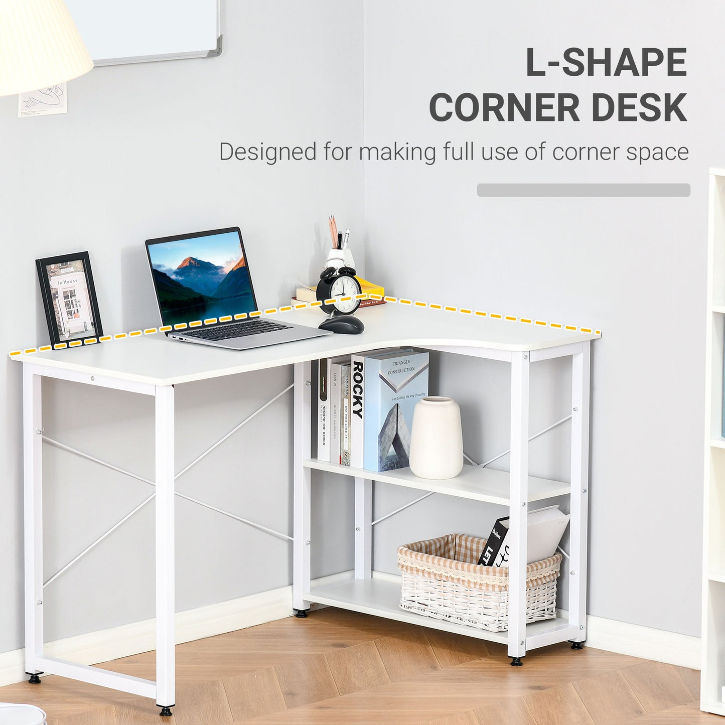 Salem Industrial L-Shaped Computer Desk with 2 Side Shelves and Steel Frame, Corner Desk,White