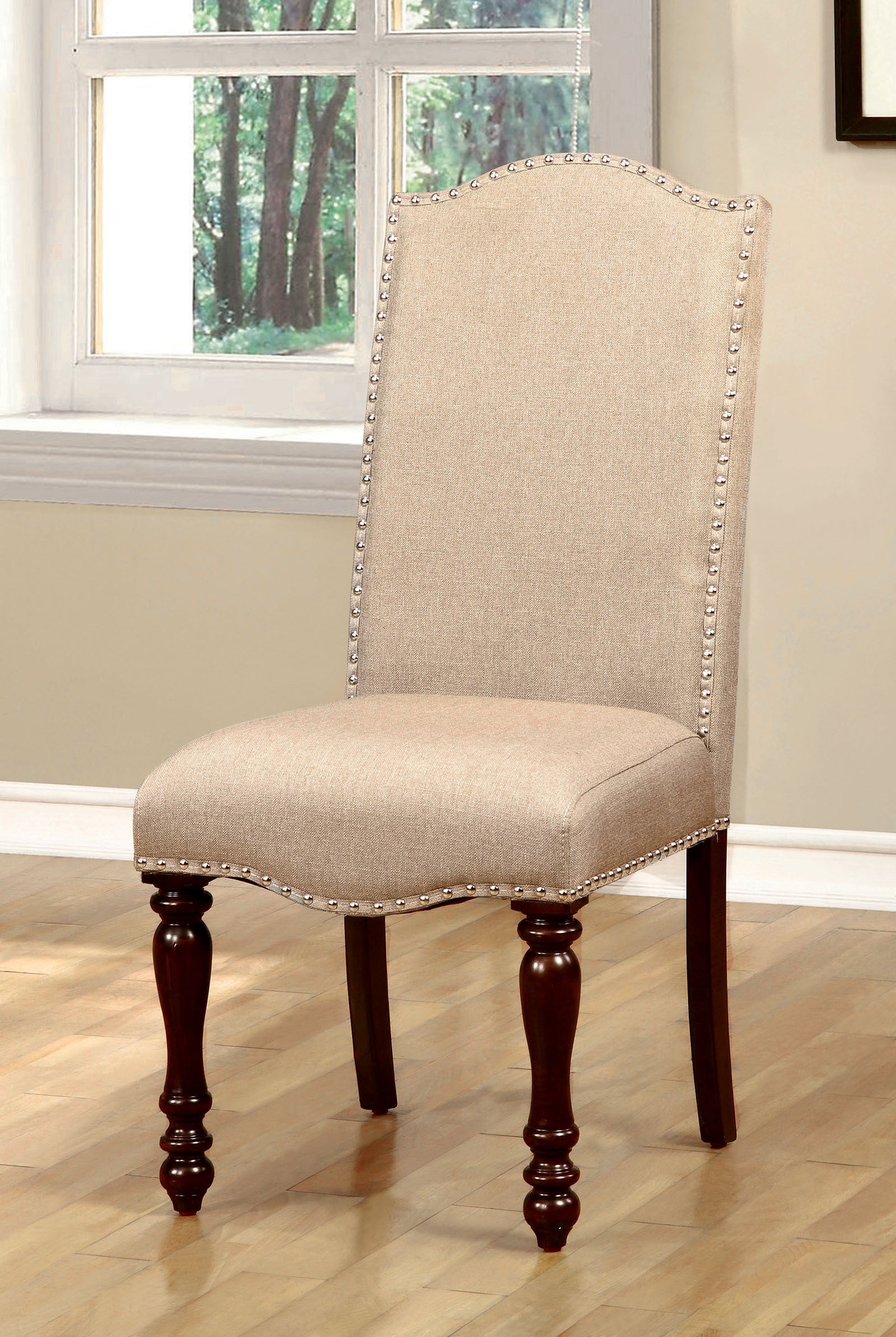 Dian Traditional Linen Side Chairs with Turned Legs Set of 2 Beige