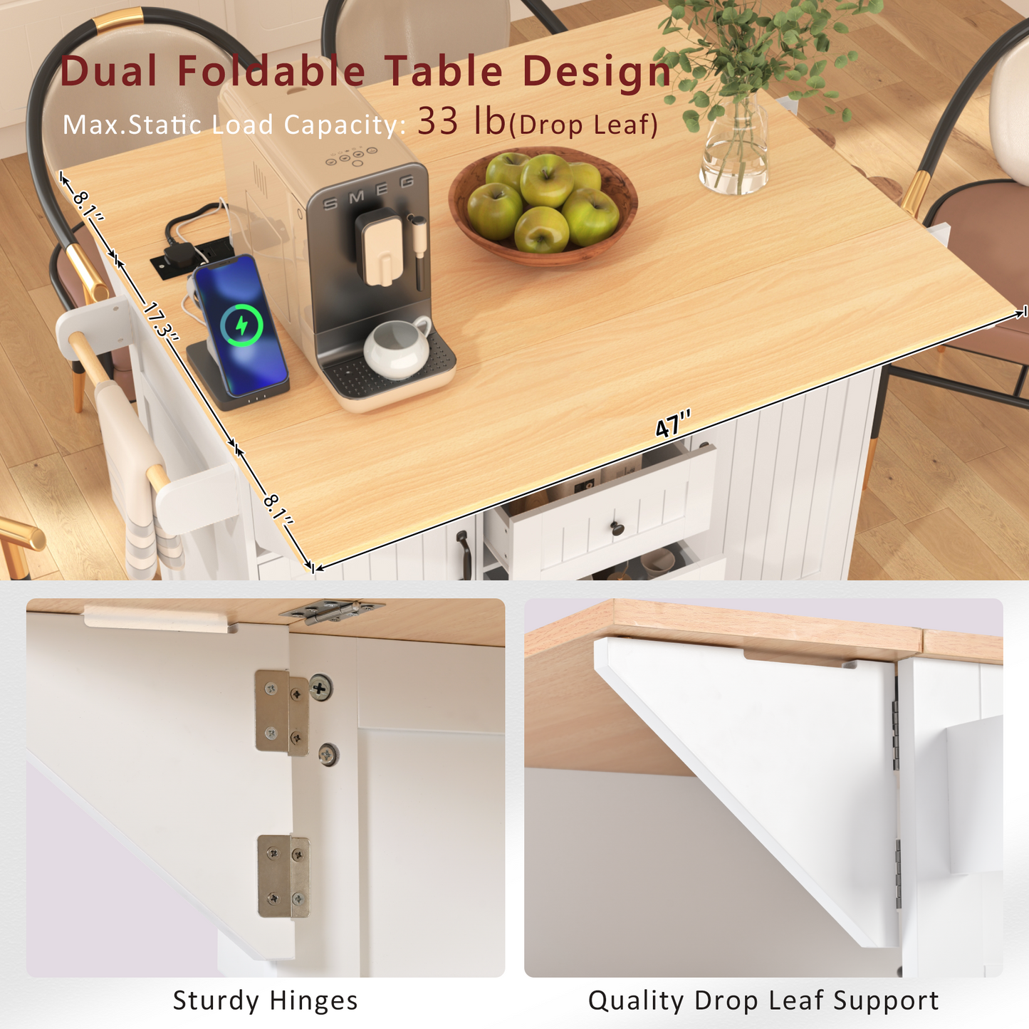 K&k 55.7'' Large Kitchen Island with 2 Drop Leaf - White - detail view 7