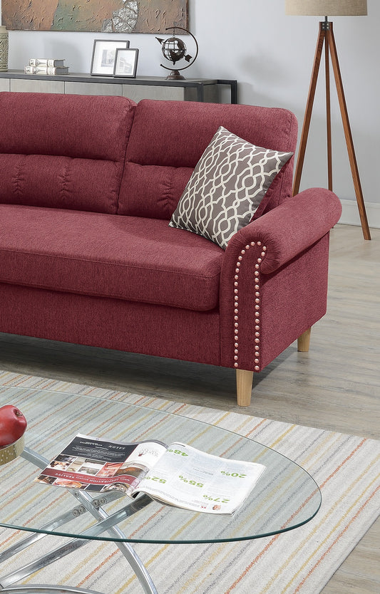 Paparika Red Color Polyfiber Reversible Sectional Sofa Set Chaise Pillows Plush Cushion Couch Nailheads - detail view 2