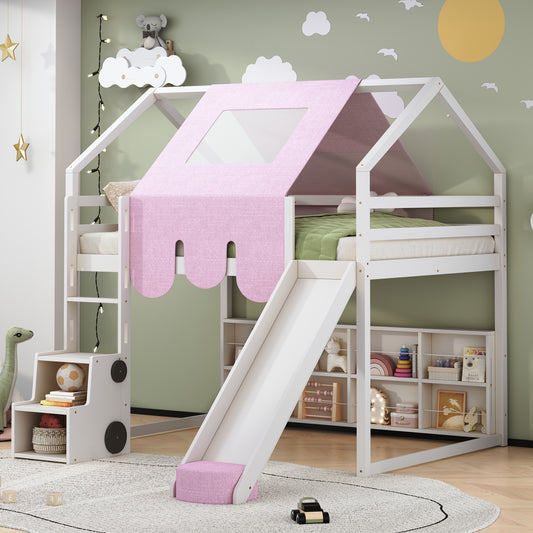Full Size Wooden Loft Bed with House-Shaped Frame and Tent - White - detail view 2