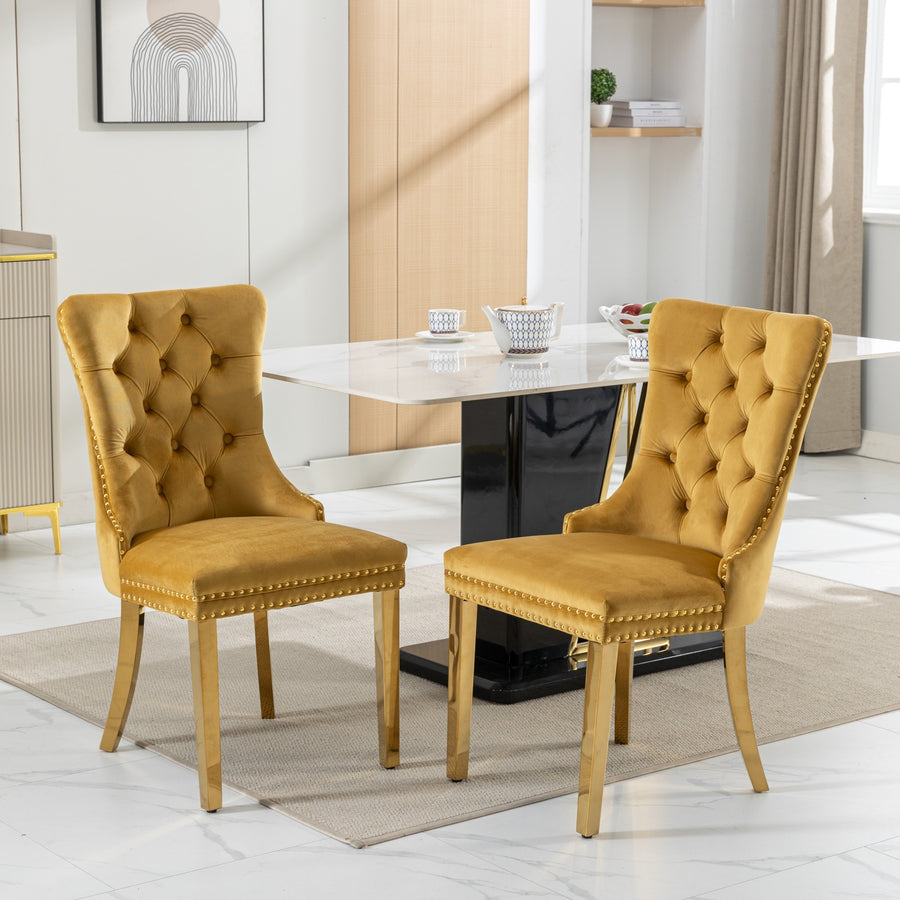 Gold Velvet Tufted Nailhead Trim Dining Chairs with Brushed Silver Legs (Set of 2)