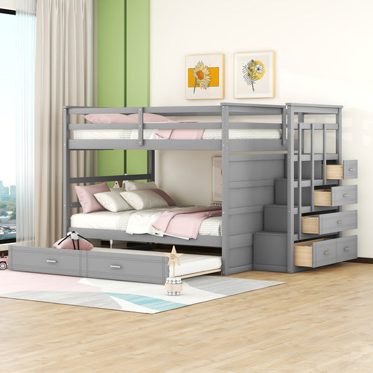Full over Full Bunk Bed with Twin Size Trundle and Staircase - Gray - primary color shot