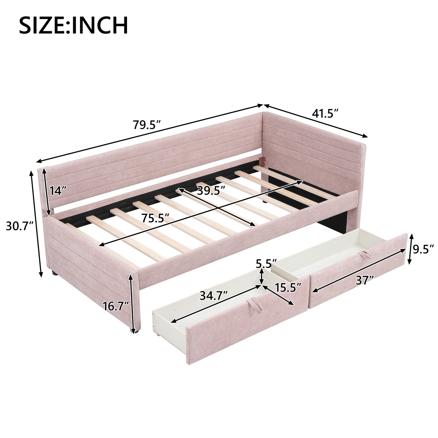 Aya Twin Size Upholstered Daybed with 2 Drawers, Pink