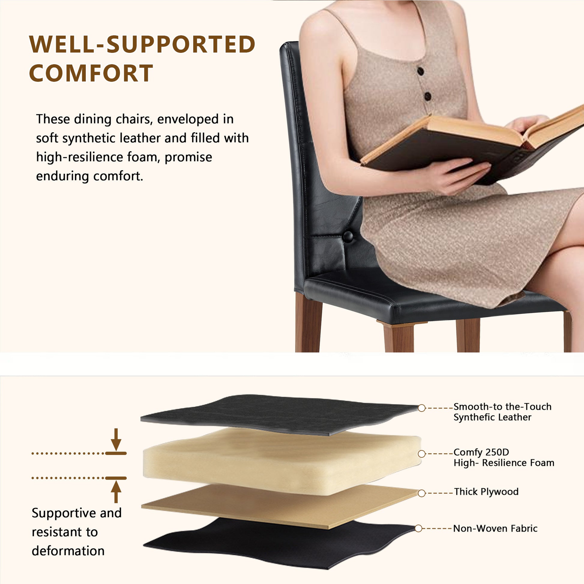 Black Upholstered Fabric Dining Chairs with Black Legs (set of 2) - detail view 6