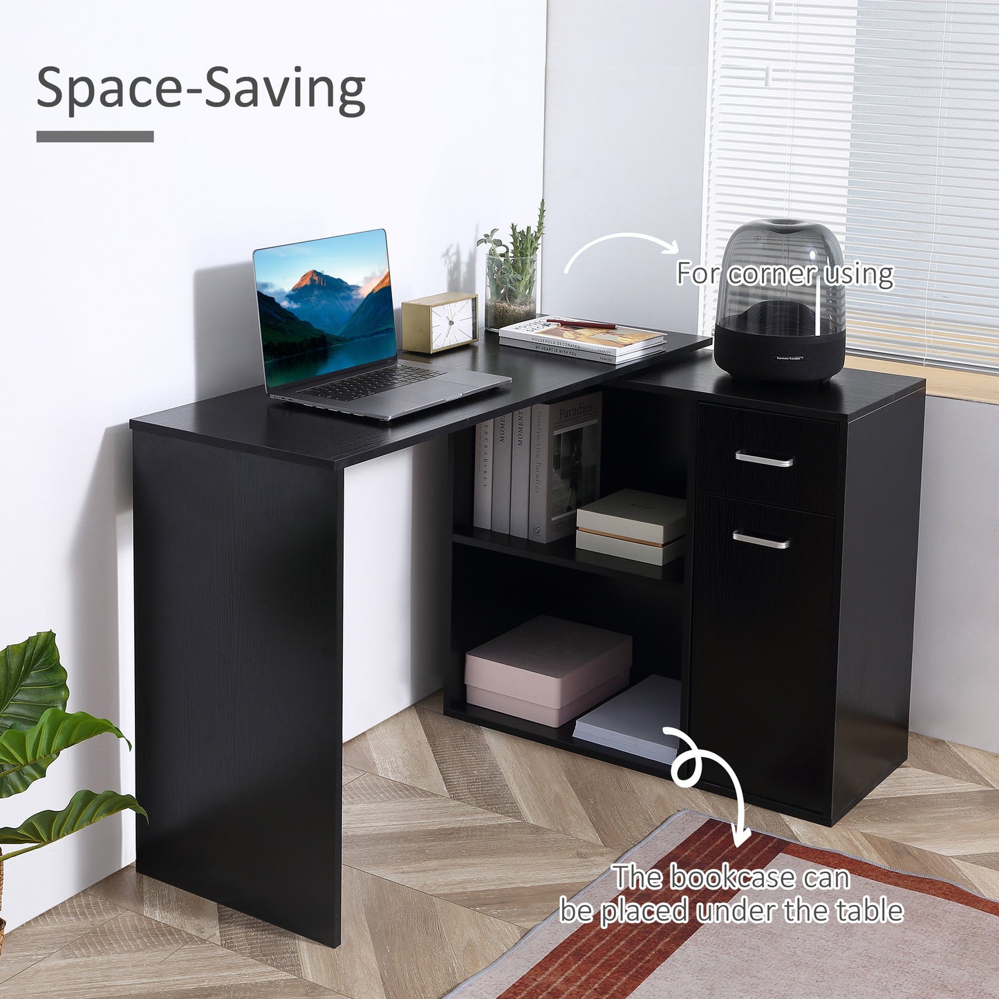 L Shaped Computer Desk, 180° Rotating Corner Desk with Storage Shelves, Black