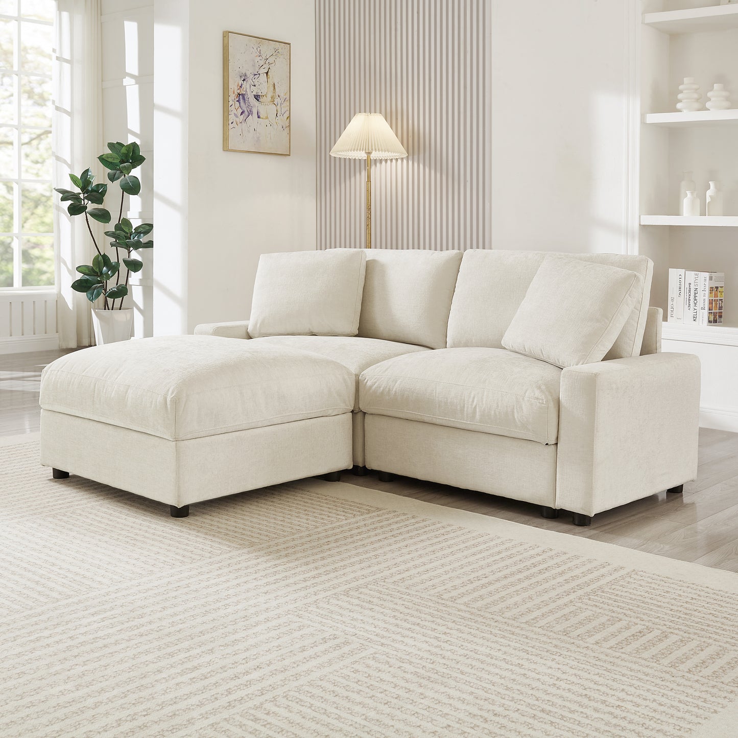 72.05'L Modular Sectional Sofa,3 Storages L-Shaped polyester Fabric Sectional Couches for Living Room,2-Seater Cloud Couches with Ottoman,Modern, Small Space, Easy Assembly (Beige) - detail view 3