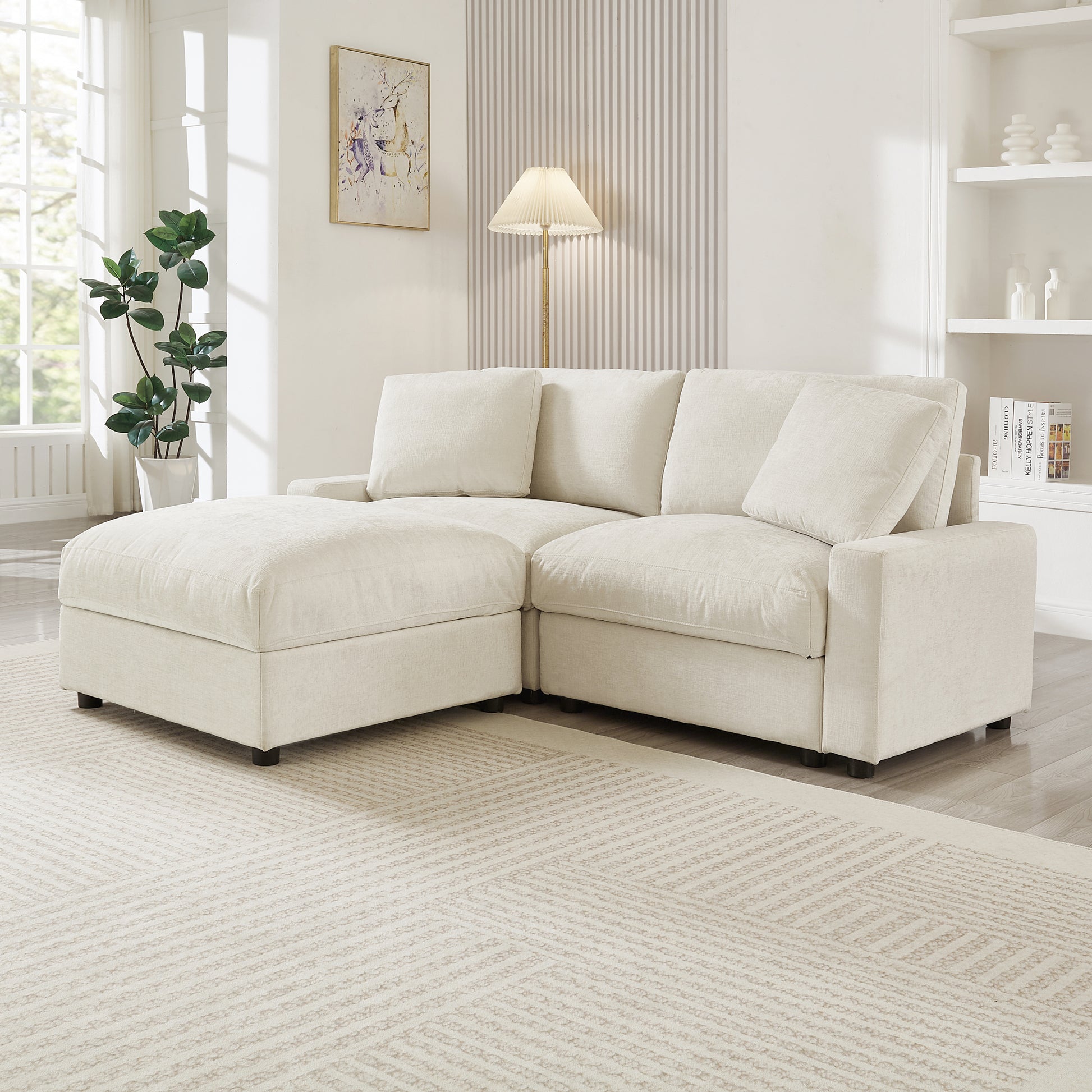 72.05'L Modular Sectional Sofa,3 Storages L-Shaped polyester Fabric Sectional Couches for Living Room,2-Seater Cloud Couches with Ottoman,Modern, Small Space, Easy Assembly (Beige) - detail view 3