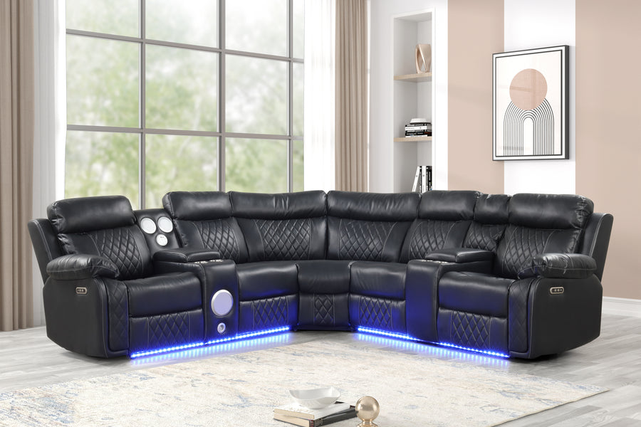 Lacrosse Modern Style power recliner sectional with Bluetooth speaker and LED made with wood & metal in Black - detail view 6