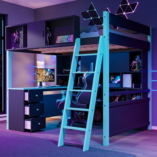 Full Size Wood Loft Bed with Desk - Blue - primary color shot