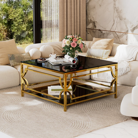 Square Glass Coffee Table in 33.5',Luxurious Geometric Metal Frame,Gold Finish & Lower Shelf
