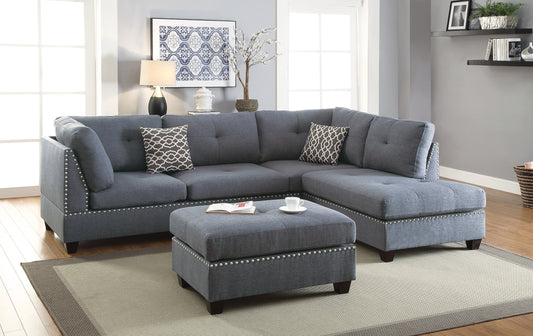 3-pcs Sectional Sofa Blue Grey Polyfiber Cushion Sofa Chaise Ottoman Reversible Couch Pillows - primary color shot