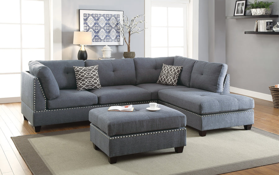 3-pcs Sectional Sofa Blue Grey Polyfiber Cushion Sofa Chaise Ottoman Reversible Couch Pillows - primary color shot