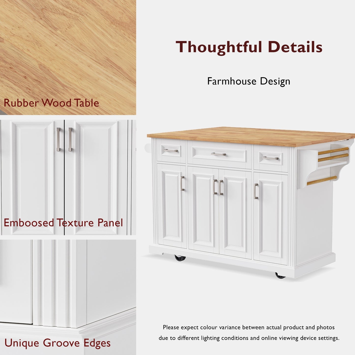 K&k 54" Large Kitchen Island with Rubber Wood Drop Leaf - White - detail view 6